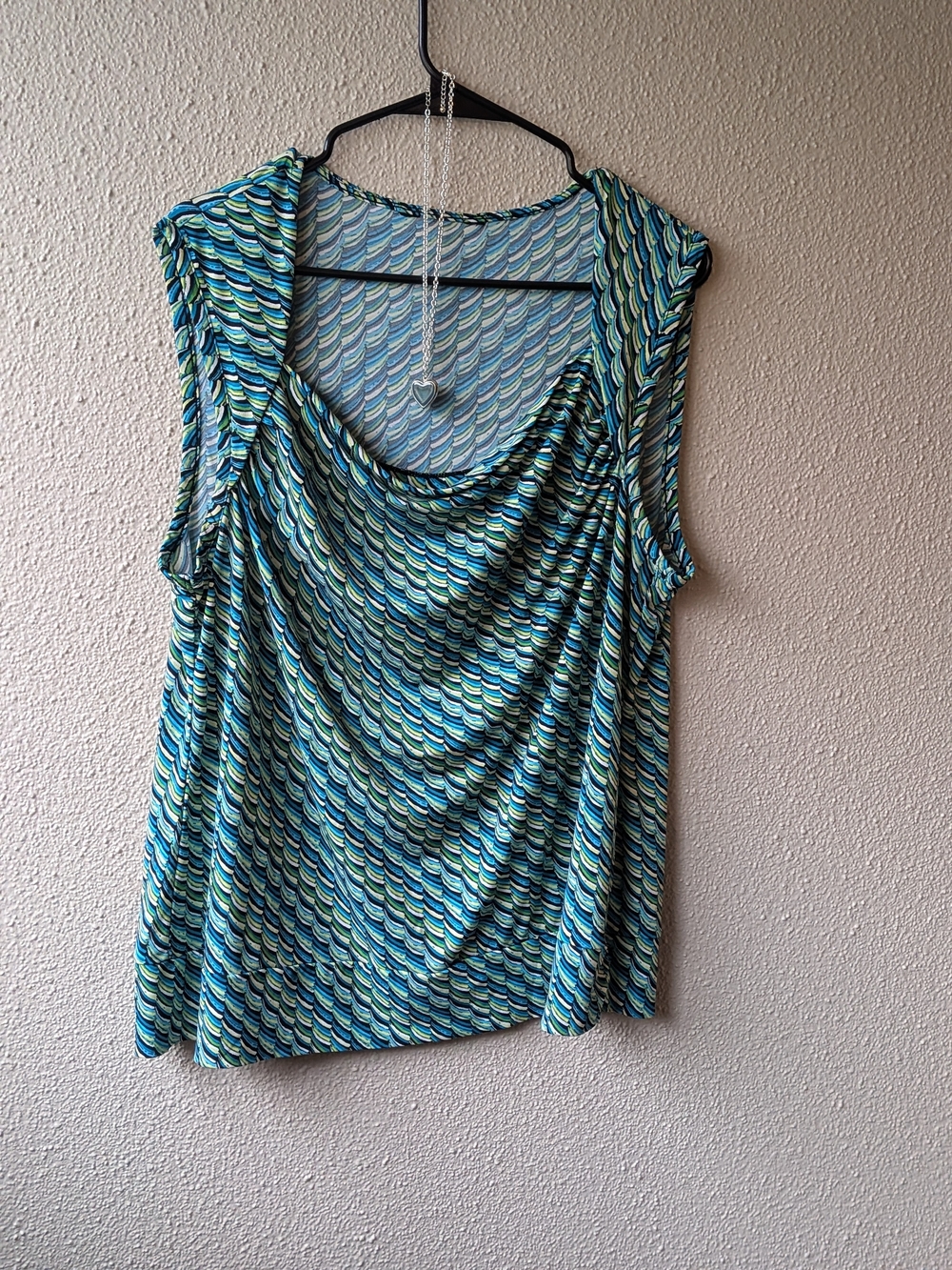 Sleeveless Blue-Green Patterned Drape Neck Women's Top